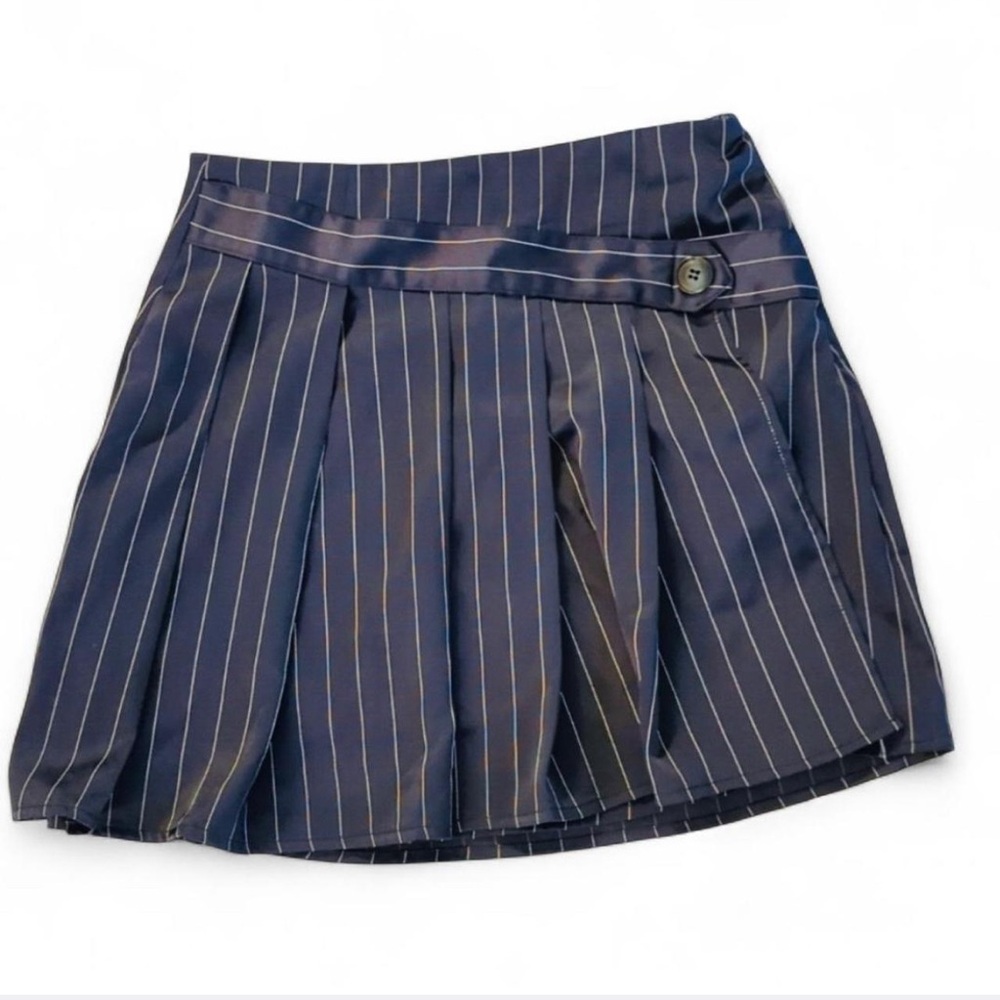 PRINCESS POLLY Pleated Satin Mini Skirt, Navy Pinstripe, XS-S